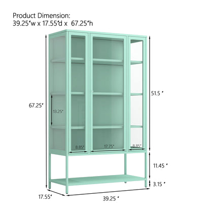 Merax 67" Tall Glass Display Cabinet with Adjustable Shelves and LED Lights, for Collectibles, Modern Steel Storage Curio Cabinet with 3-Sided Glass Display Case for Home Office Study Room, Cyan