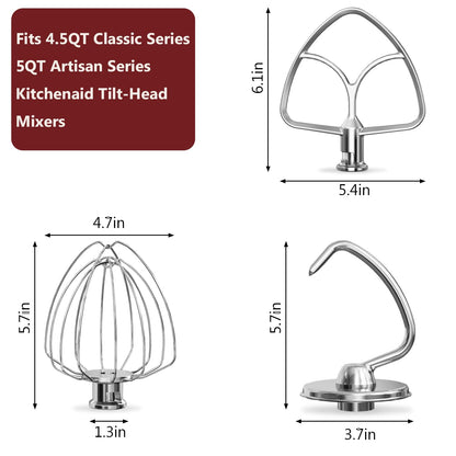 LETOMS Stainless Steel Attachments 3 Pieces for KitchenAid 4.5-5QT Tilt-Head Stand Mixer and Mixing Bowl,K45WW Wire Whip, K45DH Dough Hook, K45B Flat Beater,Dishwasher Safe and Heavy Duty
