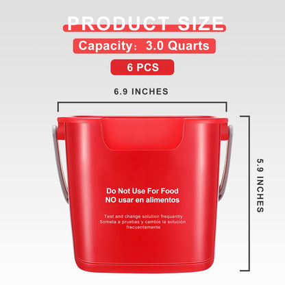 Roshtia 6 Pcs 3 Quart Cleaning Bucket Small Sanitizing Square Bucket Detergent Pail for Home Commercial Restaurant Kitchen Office School (Red)