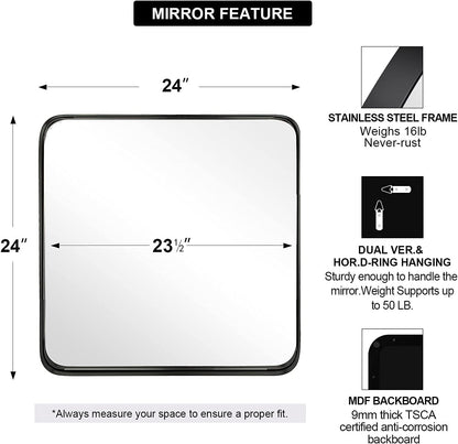 ANDY STAR Square Wall Mirror - 24”x24” Matte Black Metal Mirror with Rounded Corners | Premium Stainless Steel Frame
