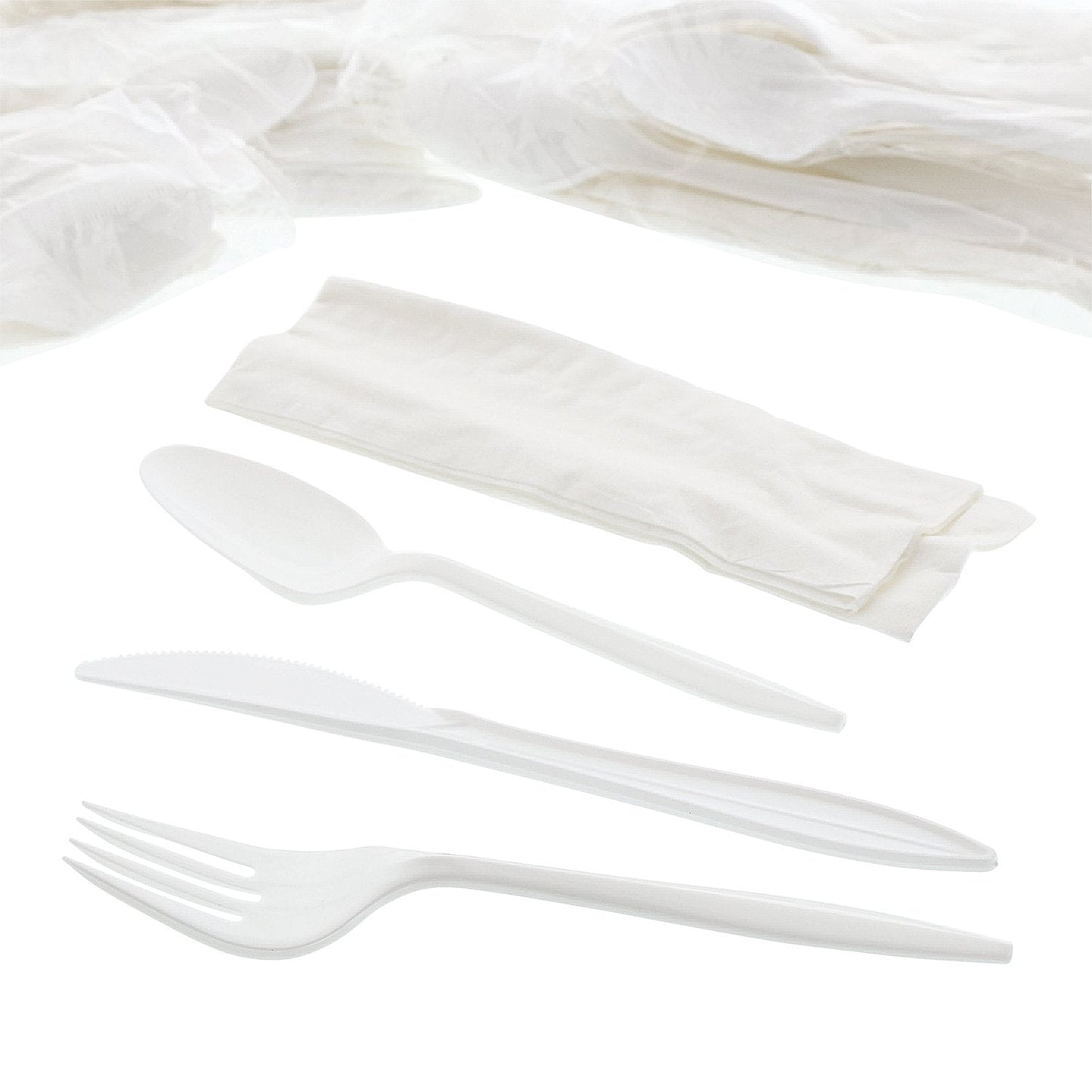 AmerCareRoyal 4-in-1 Disposable Silverware Medium Weight Plastic Utensil Set with Teaspoon, Fork, Knife and 12x13 inch Napkin - Individually Wrapped Cutlery Meal Kit, White, Case of 250