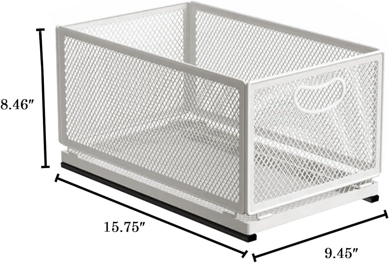 Sliding Cabinet Basket Organizer, Heavy Duty Carbon Steel Self Adhesive Slide Out Pantry Shelves for Kitchen