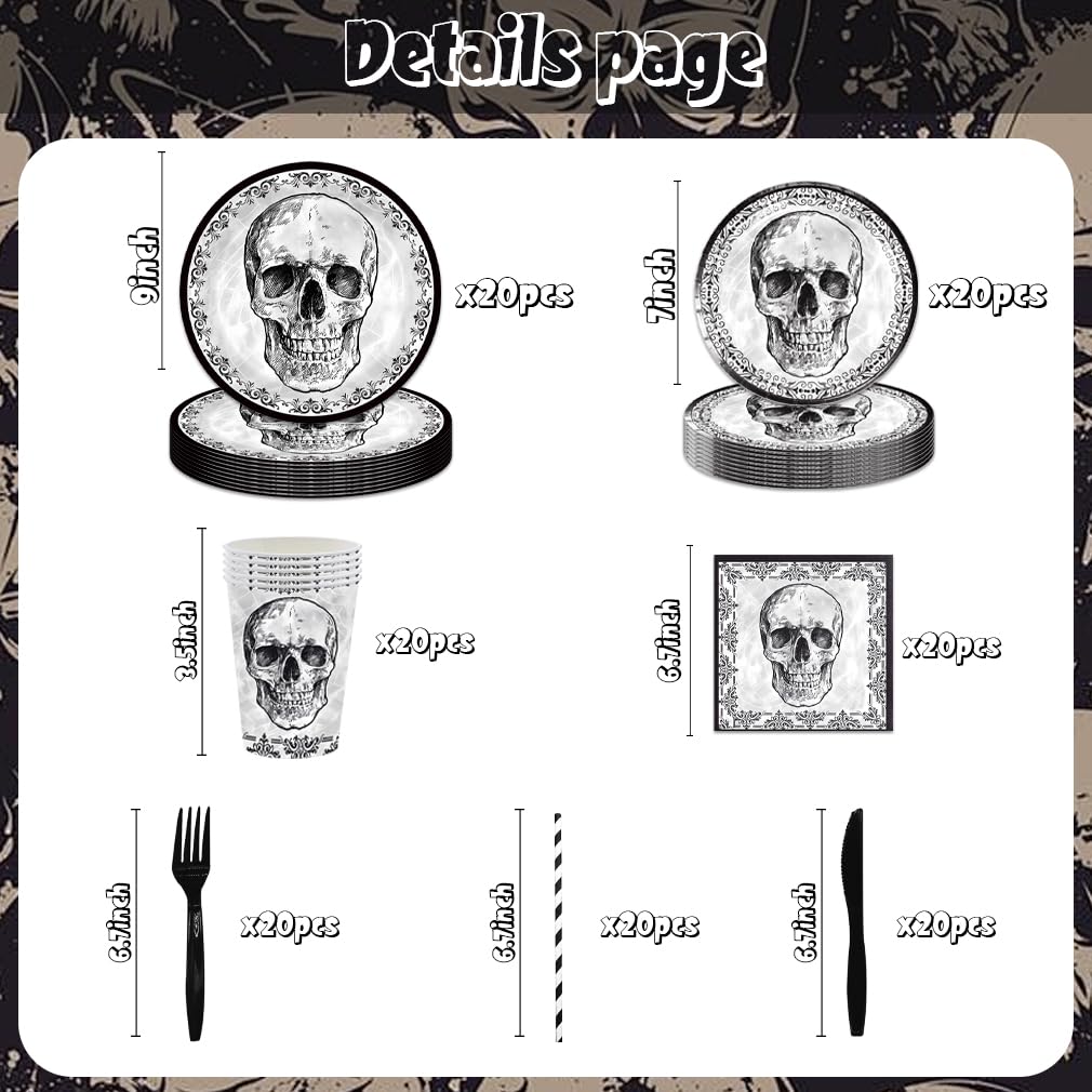 140Pcs Black Skull Birthday Party Decorations for 20 Guests - Halloween Tableware Skull Party Supplies Plates and Napkins Forks Cups Straws for Baby Shower Birthday Decorations