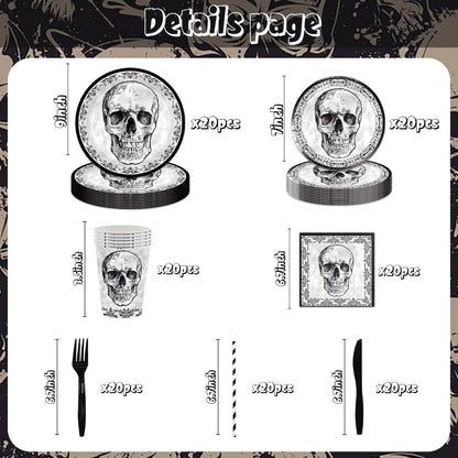 140Pcs Black Skull Birthday Party Decorations for 20 Guests - Halloween Tableware Skull Party Supplies Plates and Napkins Forks Cups Straws for Baby Shower Birthday Decorations