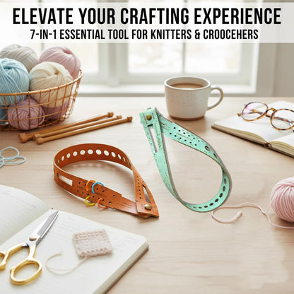 7-in-1 Knitting & Crochet Gauge Measuring Tool-18 Stitch Counter Wrist Wrap, Multifunctional Leather Measuring Tool, Knitting Needle Sizer & Stitch Marker,Knitting,DIY Crafts，2 Pack(Brown, Turquoise)