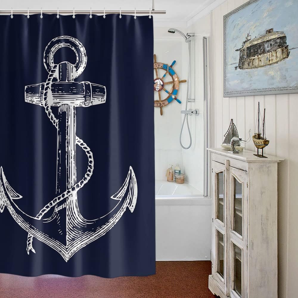 Custom Nautical Navy Blue Anchor Shower Curtain, 70x72 Inch