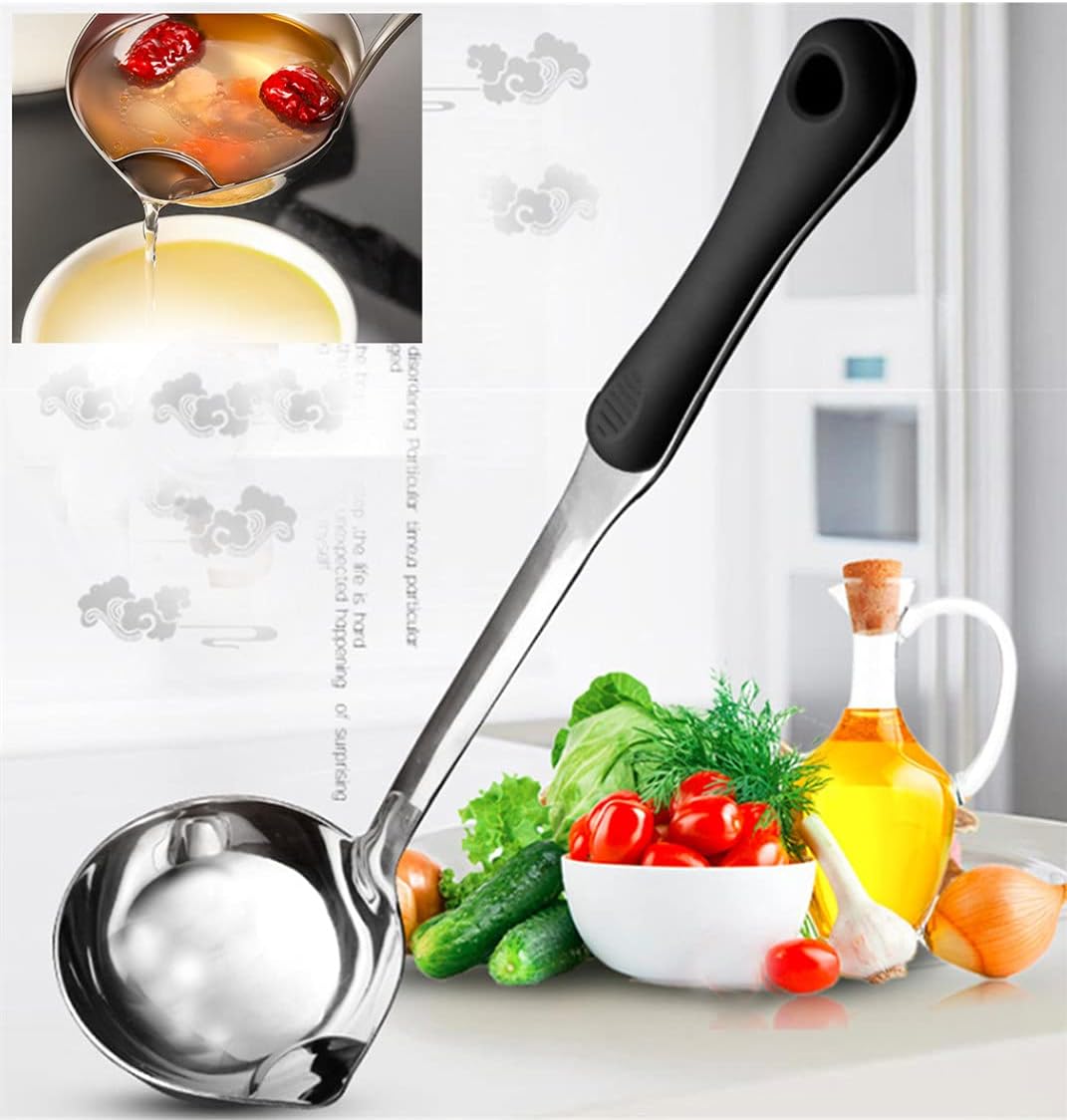 Advanced Stainless Steel Soup Ladle, Long Plastic Handle Soup Residue Separator, Kitchen Colander Filtering Spoon