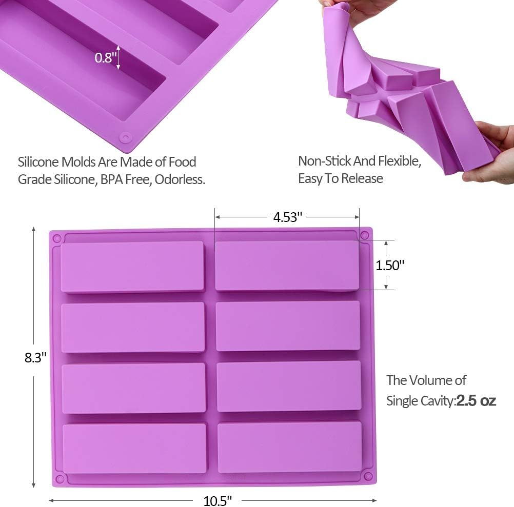 2 Pcs Large Rectangle Silicone Mold - Cereal Bar Molds, 8 Cavities Energy Bar Maker Baking Pan, 10.5 x 8.35 x 0.8 Inch