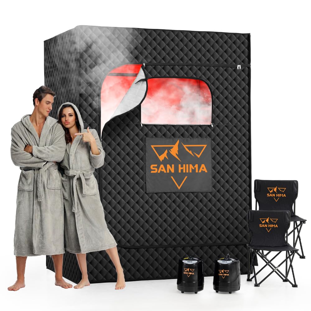 SAN HIMA 2 Person Portable Sauna for Home, Steam Sauna Box with Red Light Therapy, 3L 1500W Steamer, 9 Heat Levels, 90 Minute Timer, Foldable Chair, Remote Control, Indoor Home Spa Sauna Tent