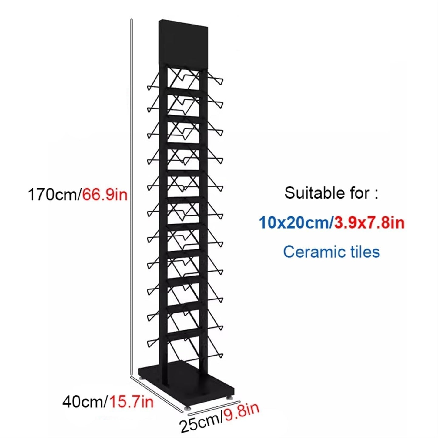 CVGfko Commercial Floor Tiles Sample Rack with Double,Side Shelf, Heavy Duty Retail Display Stand for Wooden Boards/Door Templates, Large Capacity & Space Saving,9.8x15.7x66.9in/25x40x170cm