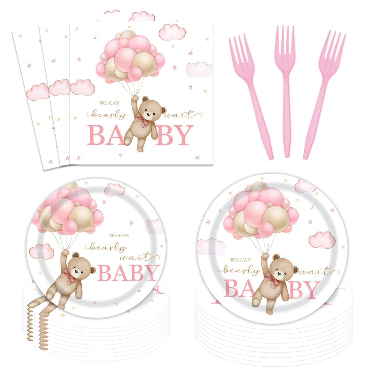 96 Pcs Bear Baby Shower Party Plates and Napkins Set, We Can Bearly Wait Party Decorations Supplies Brown Coffee Pink Tableware for Girl Baby Shower Decor, Serves 24