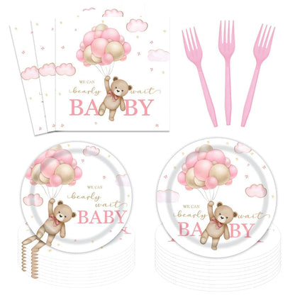 96 Pcs Bear Baby Shower Party Plates and Napkins Set, We Can Bearly Wait Party Decorations Supplies Brown Coffee Pink Tableware for Girl Baby Shower Decor, Serves 24