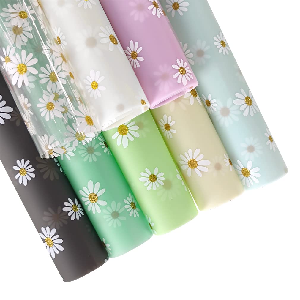 XHT 8 Pcs Daisy Jelly Vinyl, 21cmx30cm Waterproof Transluscent Glitter Flower Printed TPU Film for Pouches Keychains Jewelry Making