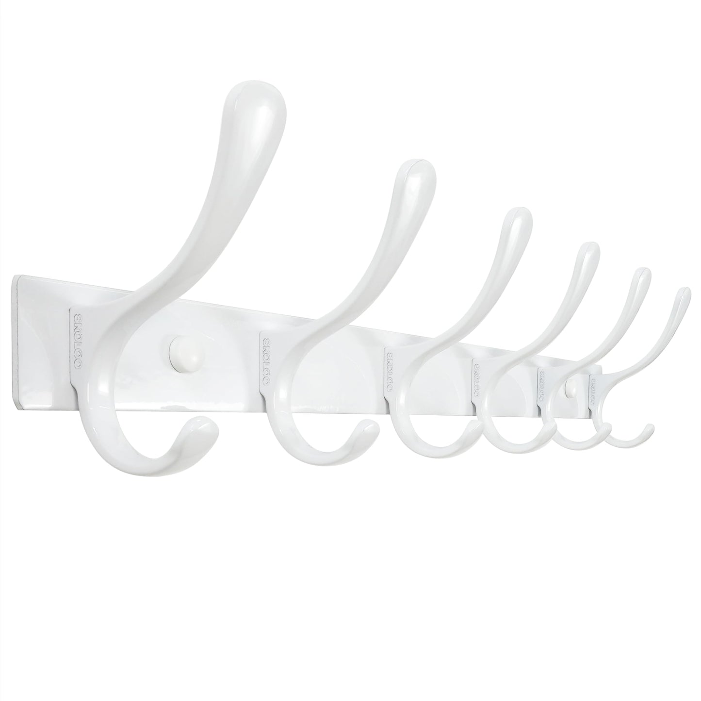 SKOLOO Heavy Duty Wall Mounted Coat Rack - 6 Hooks, Stainless Steel, Sturdy Coat Hooks for Hanging Clothes, Jacket, Hat, White