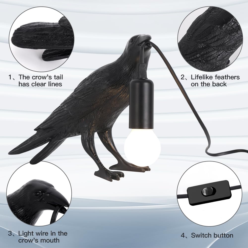 Shandaglo Crow Lamp Raven Table Lamp with Bulb, Gothic Crow Light - Raven Decor for Bedside Bedroom Living Room Decor