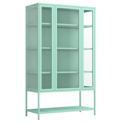 Merax 67" Tall Glass Display Cabinet with Adjustable Shelves and LED Lights, for Collectibles, Modern Steel Storage Curio Cabinet with 3-Sided Glass Display Case for Home Office Study Room, Cyan