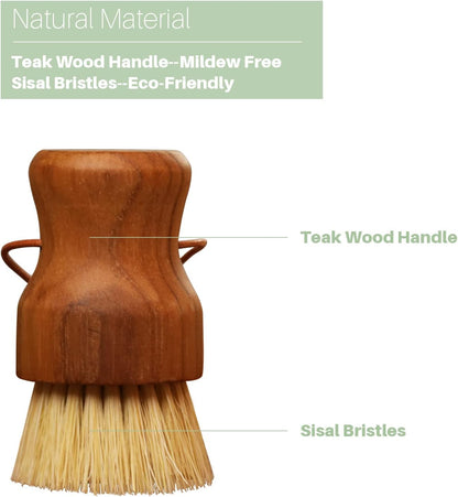 3PCS Set Teak Dish Scrub Brush by HTB, Good Grip Small Wooden Dish Brush with Teak Handle & Sisal Bristles for Kitchen