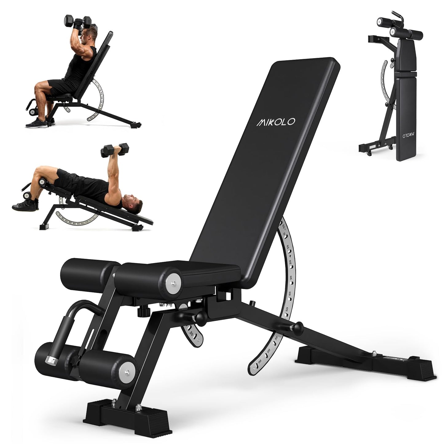 Mikolo 1200LB Weight Bench, Adjustable Workout Bench with Detachable Leg Support, Vertical Storage Space-Saving Exercise Bench for Home Gym, Incline Flat Decline Sit Up Bench for Full Body Fitness