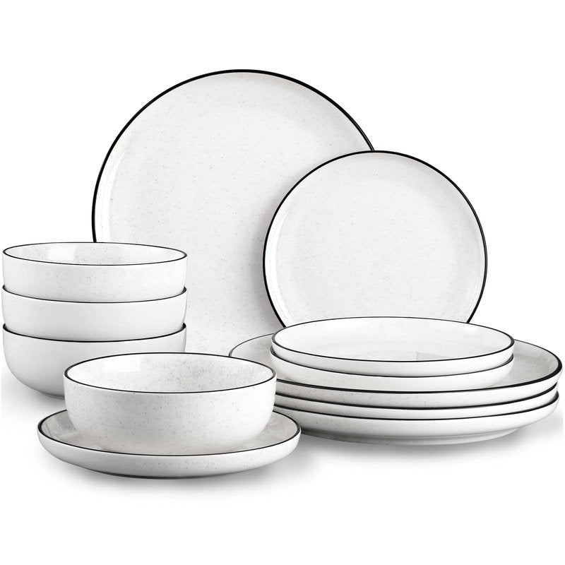 SOVEGLEE Plates and Bowls Sets for 4,12 Pieces Ceramic Dish set, White Dinnerware Set for Kitchen, Modern Design Plate Sets with Black Rim, Microwave and Dishwasher Safe