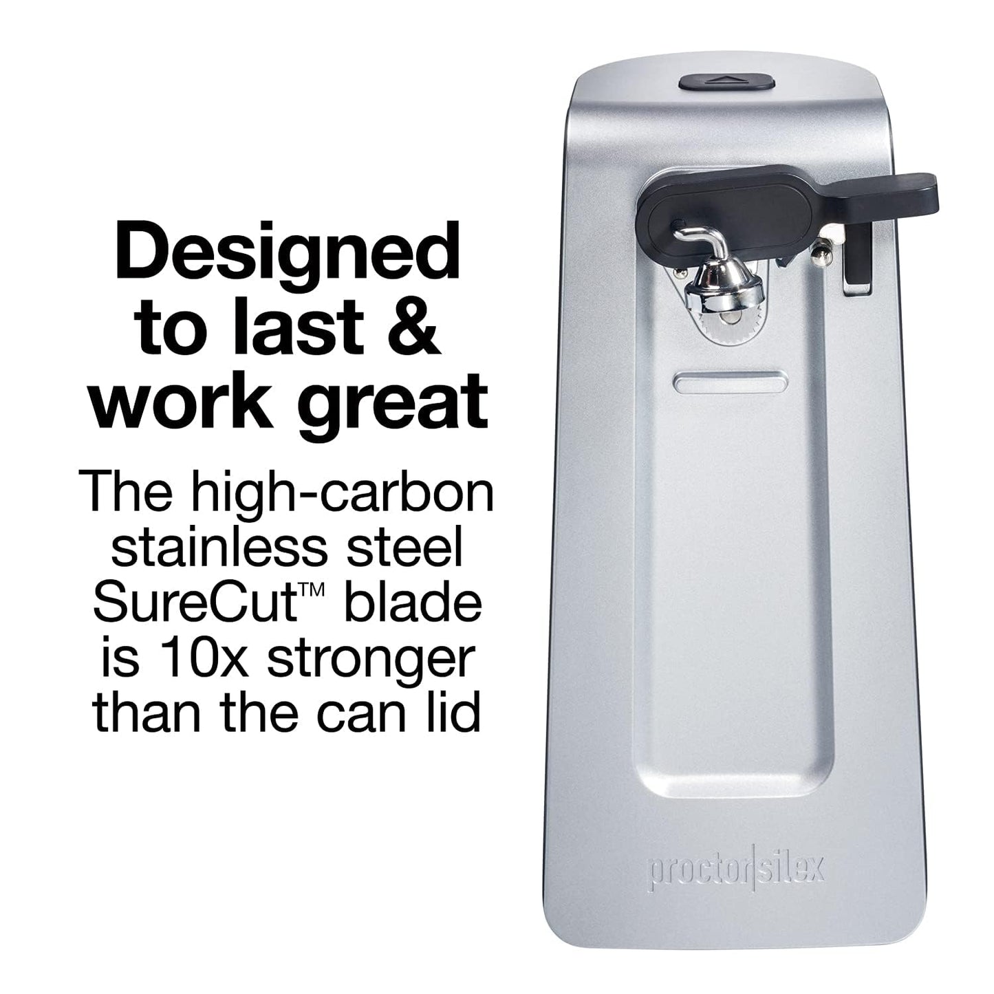 Proctor Silex SureCut Electric Automatic Can Opener for Kitchen with Stainless Steel Blade, Twist-off Easy-Clean Lever, Cord Storage, Extra Tall, Silver (75225)