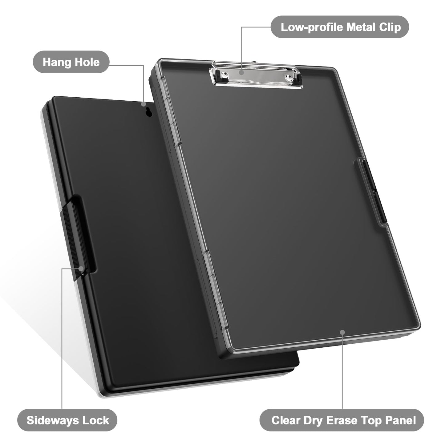 Piasoenc Clipboard with Storage, 8.5 x 11 Clip Boards with 2 Storage Case and A4 Paper Folder, Clear Dry Erase Top Panel, Heavy Duty Plastic, Folio & Side Opening, for Nurses, Teachers, Lawers,Black