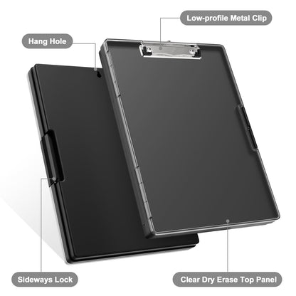 Piasoenc Clipboard with Storage, 8.5 x 11 Clip Boards with 2 Storage Case and A4 Paper Folder, Clear Dry Erase Top Panel, Heavy Duty Plastic, Folio & Side Opening, for Nurses, Teachers, Lawers,Black