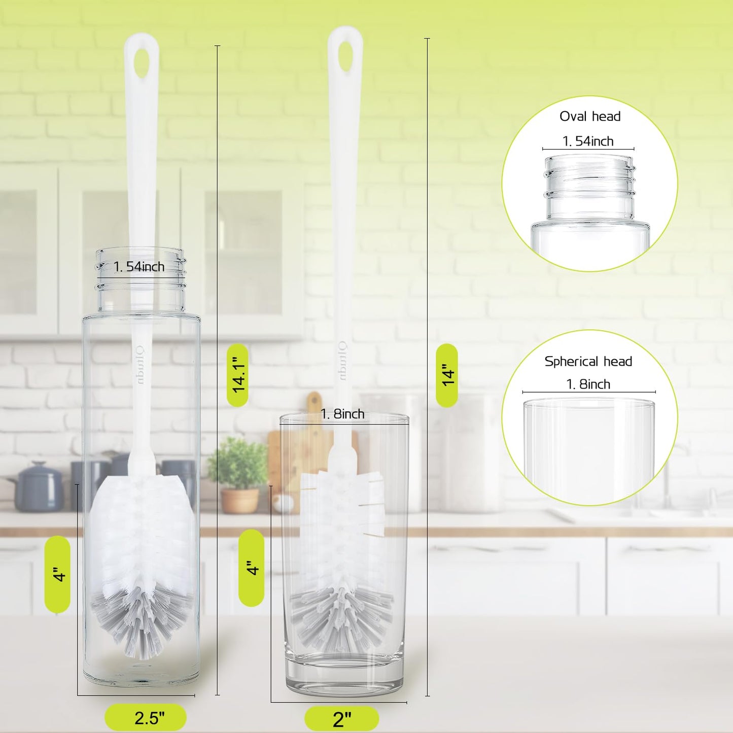 QLTUDN 2 Pack 14 Inch Bottle Brush & 12 Inch Straw Brush Cleaner Set - Heavy Duty Kitchen Bottle Brushes for Cleaning Water Bottles, Mugs, Sippy Cups & Tumblers, Lab Use (Large)