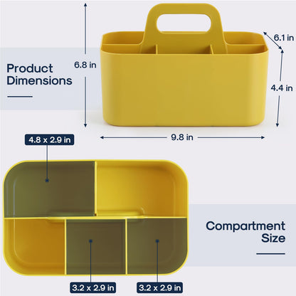 Multiuse Caddy Organizer with Handle, Portable Divided Plastic Tote Bin - Art Craft, Stationary Pen Marker Crayon, Makeup Hair Supplies Storage - Bathroom, Classroom, Dorm, Office, Desk Holder -Yellow