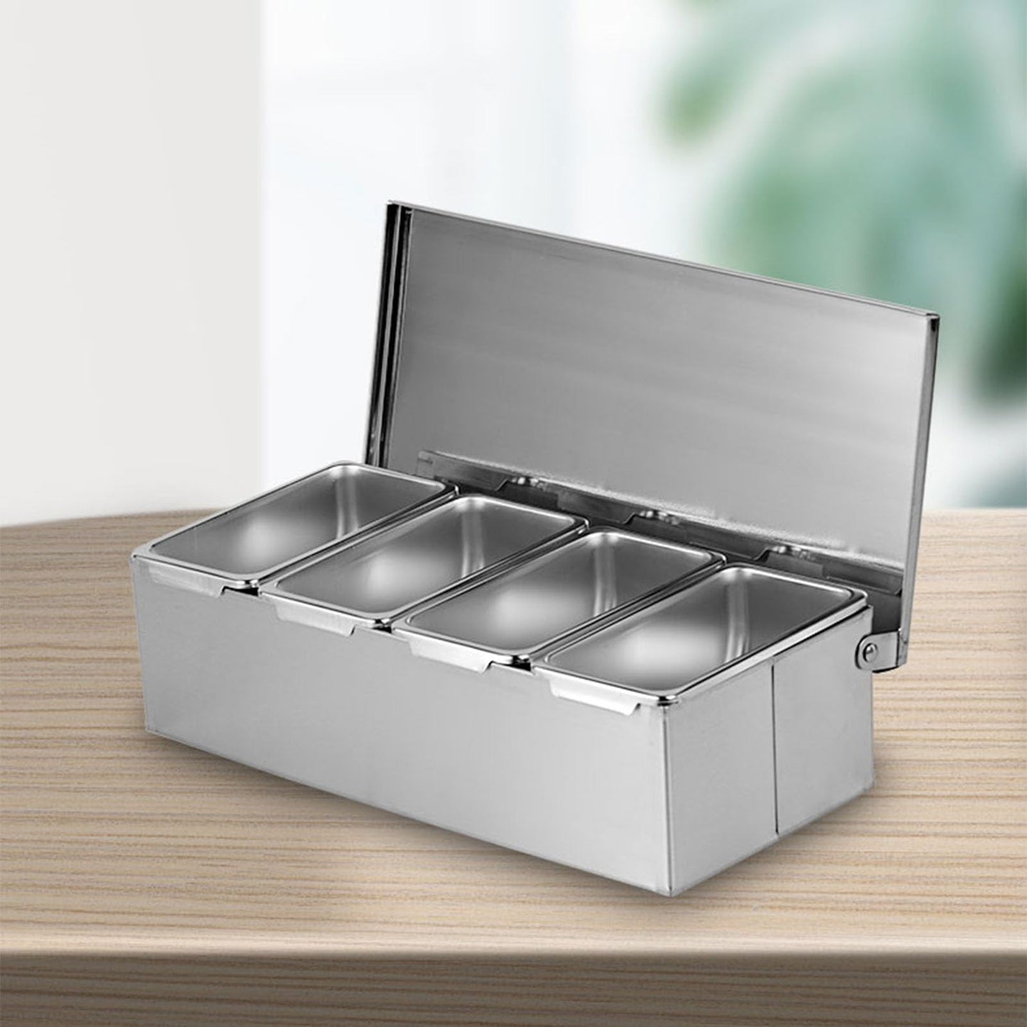 Ejoyous Seasoning Organizer Box, 4 Compartment Trays Stainless Steel Rack Set Large Capacity Storage Seasoning Case for Kitchen Camping Food Cream Parlor 14 x 8.8 x 30.5cm