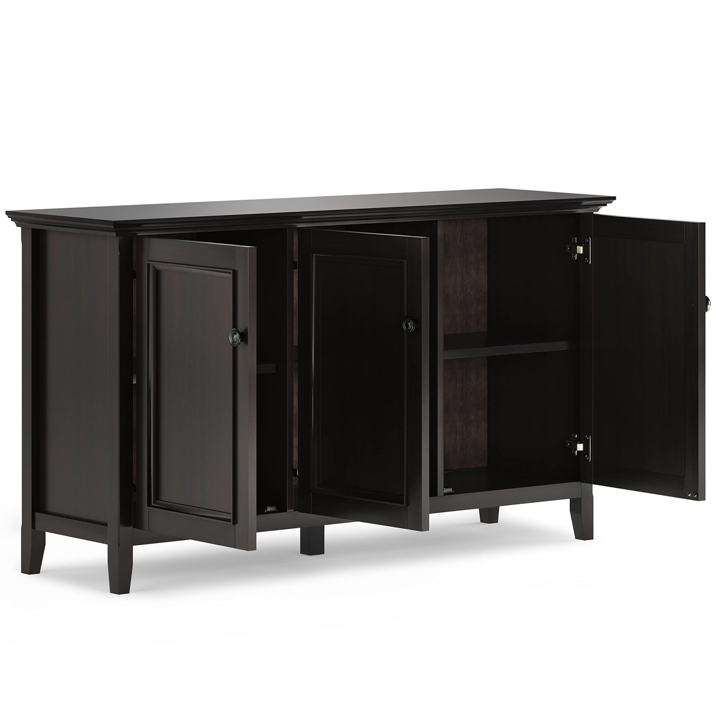 SIMPLIHOME Amherst 60-inch Wide Solid Wood 3-Door Storage Cabinet in Hickory Brown, Transitional-Style Buffet Sideboard for Living Room, Dining Room or Entryway