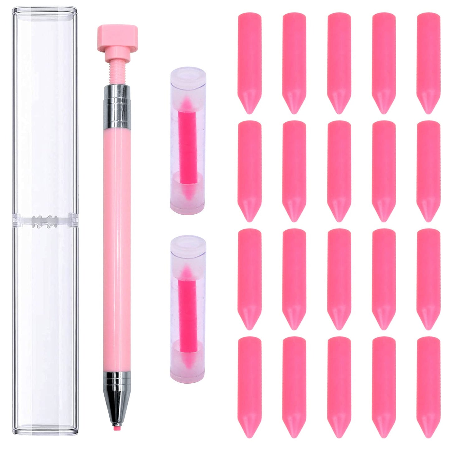 ZYNERY 21 Pcs Diamond Painting Pens Kit, 1 Pcs Refillable Wax Pen with 20 Pcs Wax, Rotating Glue Point Drill Pen for Nail Art, Diamond Art Accessories and Tools, Quickly Pick Up Beads Gems (Pink)