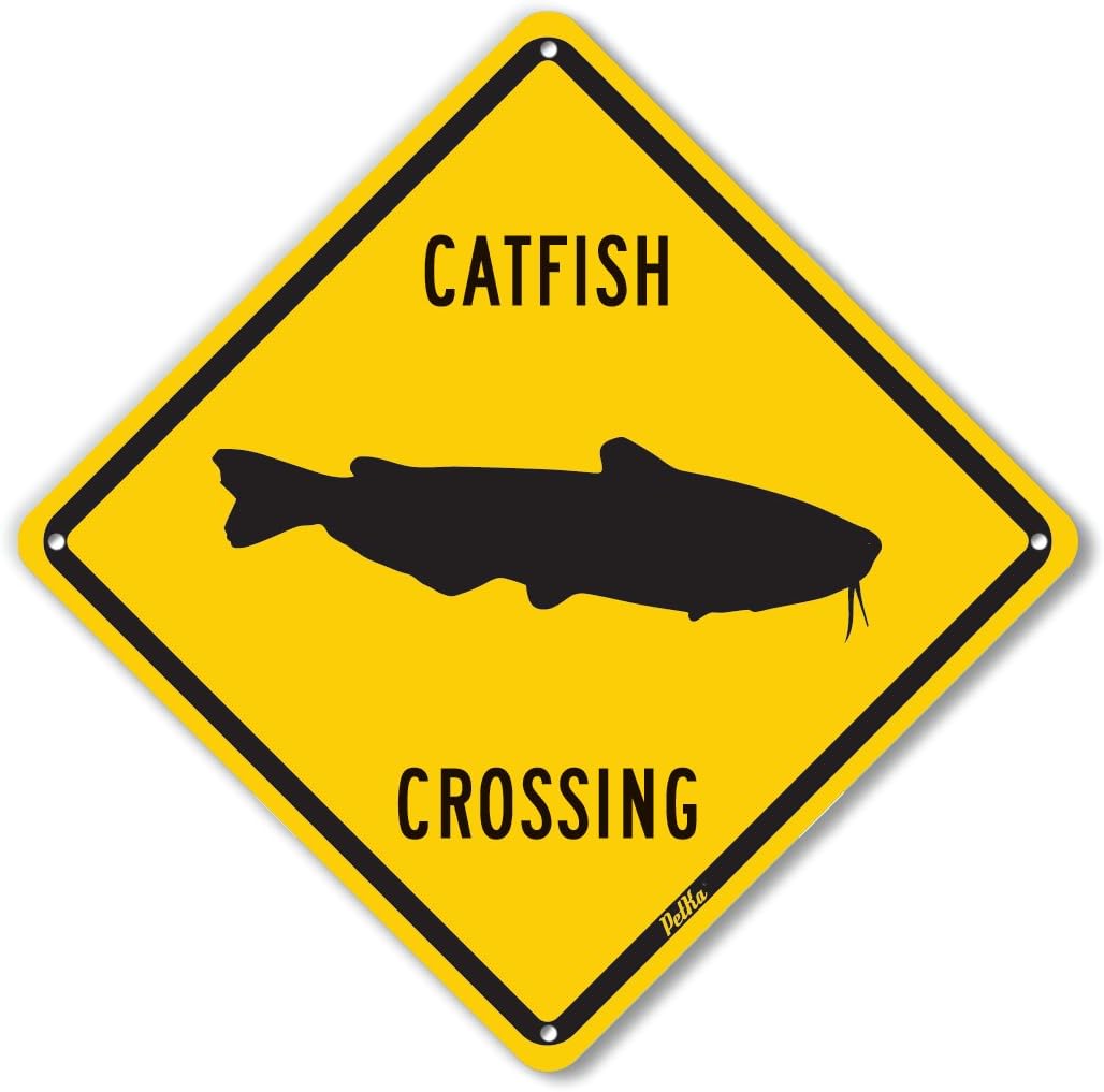 PetKa Signs and Graphics "Catfish Crossing" Aluminum Sign, 10" x 10", Black on Yellow, Model PKAC-0014-NA