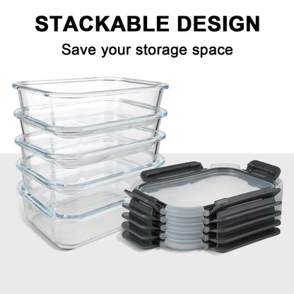 KAMOTA Glass Food Storage Containers, 10 Pack Glass Meal Prep Containers, Airtight Containers with Snap-Lock Lids, 22 oz Grey Container Set with Lids, for Microwave/Oven/Freezer/Dishwasher