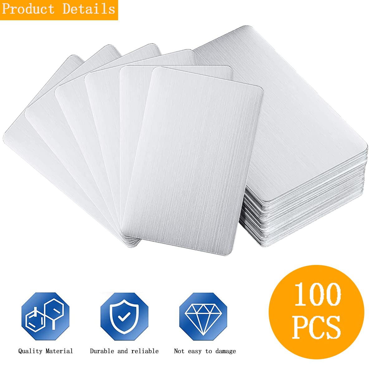 LOSYHU 100PCS Silver Metal Business Card Blanks 0.45mm Thickness Aluminum Metal Business Cards for Laser Engraving Home Office Customer DIY Gift Plate Invitations, 3.4 x 2.1 Inch