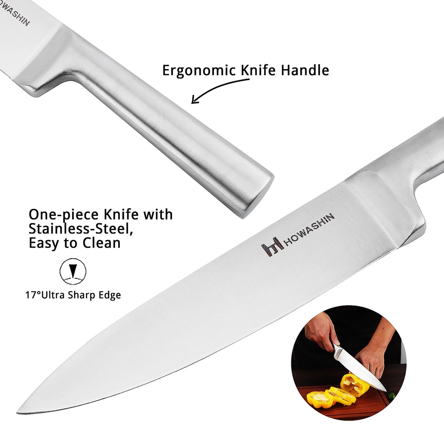 Knife Set with Block – Howashin Stainless Steel Kitchen Knife Set, Sharp Blade Set with Sharpening Steel– 15 Pcs Chef Knife Set