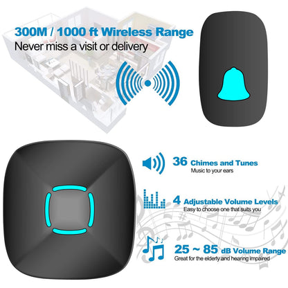Doorbell, Lovin Product Waterproof Wireless Doorbell Chime Kit with 36 Chimes, Adjustable Volume; 1000feet Operating, with Sound LED Flash Door Bell for Home (1 Receiver x 1 Push Button)