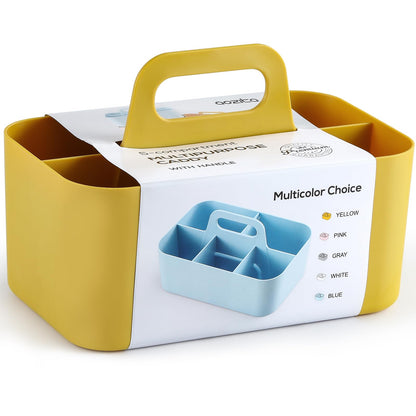Multiuse Caddy Organizer with Handle, Portable Divided Plastic Tote Bin - Art Craft, Stationary Pen Marker Crayon, Makeup Hair Supplies Storage - Bathroom, Classroom, Dorm, Office, Desk Holder -Yellow