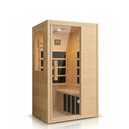 Far Infrared 1 Person Hemlock Wood Sauna ， MINI Indoor Sauna with 110V 5 Heating Panels Bluetooth 6mm Tempered Glass Compact Indoor Home Spa Personal Sauna,Home Gym Workout Gift（57.9 * 27 * 32In）