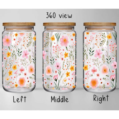 Floral 16oz Iced Glass Cups with Bamboo Lids and Straws Wildflower Coffee Cup Gift for Women Cute Flower Drinking Glass with Cleaning Brushes, Flower Gifts for Mother Birthday Bridesmaid Party