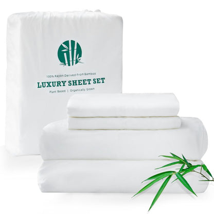 KUSNUG 100% Rayon Derived from Bamboo Sheets King Size, Organically Growth, Silky Soft & Cooling Sheet Set, 4 Piece (1 Fitted Sheet, 1 Flat Sheet and 2 Pillowcases) White Bedding Set with Deep Pocket