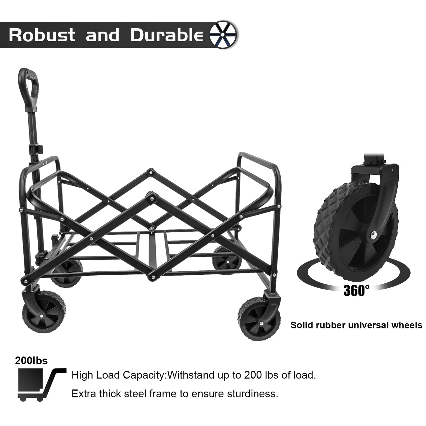 TWOCORN Collapsible Foldable Wagon, Heavy Duty with Wheels, Utility Folding Grocery Wagon for Outdoor Activities (Black)
