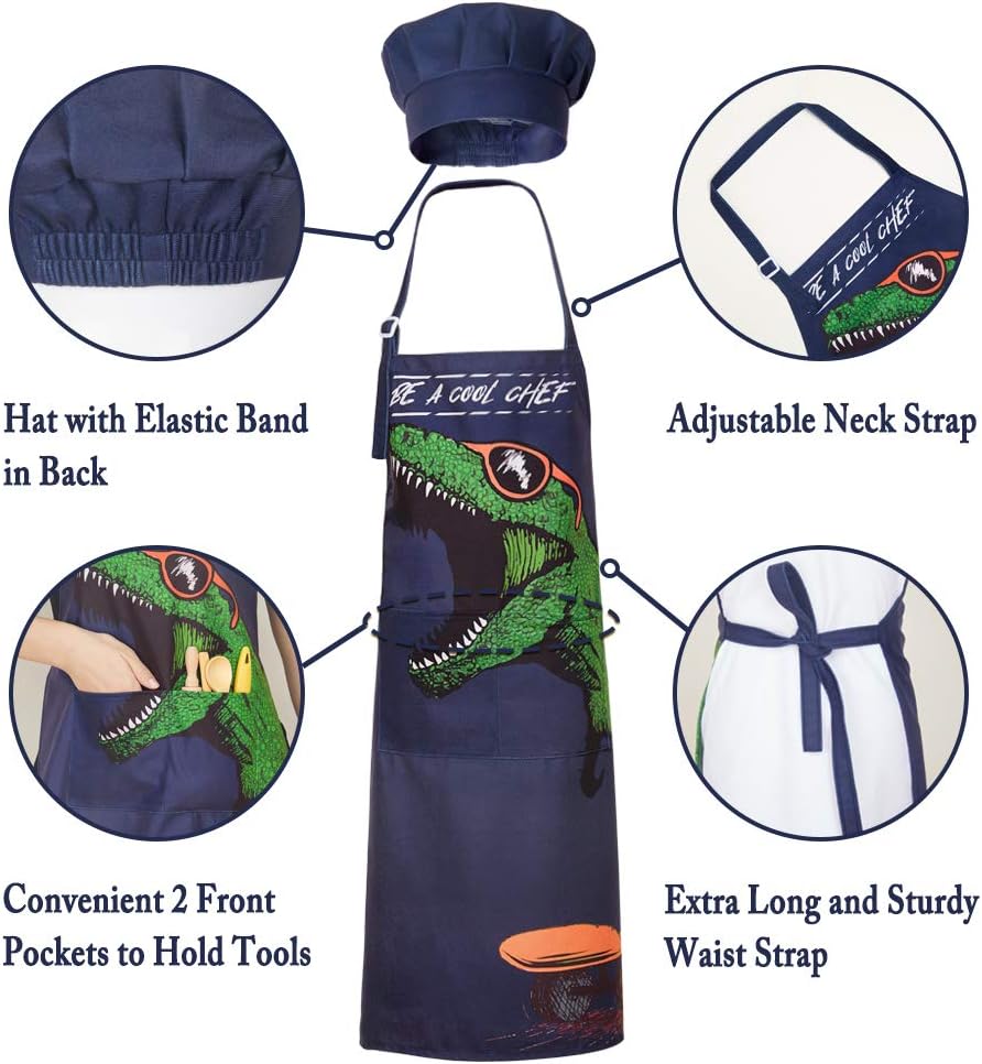 MHJY Kids Apron and Chef Hat for Boys, Adjustable Dinosaur Child Aprons with Pockets for Cooking Baking Painting 3-12