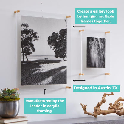 Wexel Art 20x20" Clear UV Grade Acrylic Floating Picture Frame Double Panel Photo Display with Silver Hardware for Hanging Contemporary Art and Images on Wall