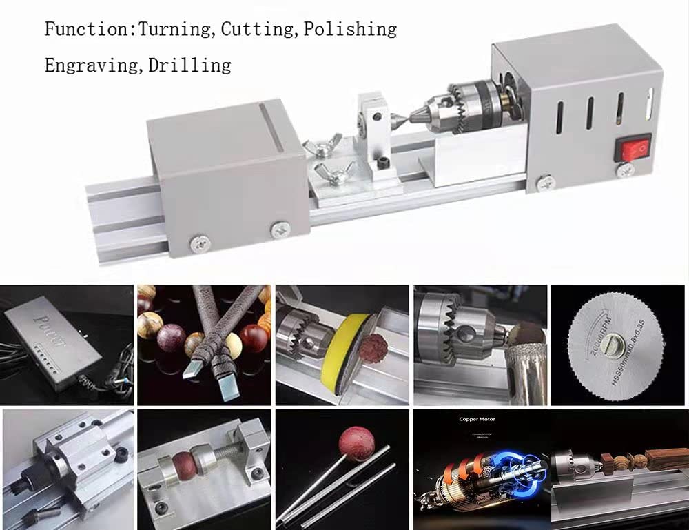 Jinegelela Professional mini Lathe Machine, Lathe Tools Woodworking Machine, Lathe Beads Polisher, CNC DIY Woodworking Wood Lathe Machine (Silver)