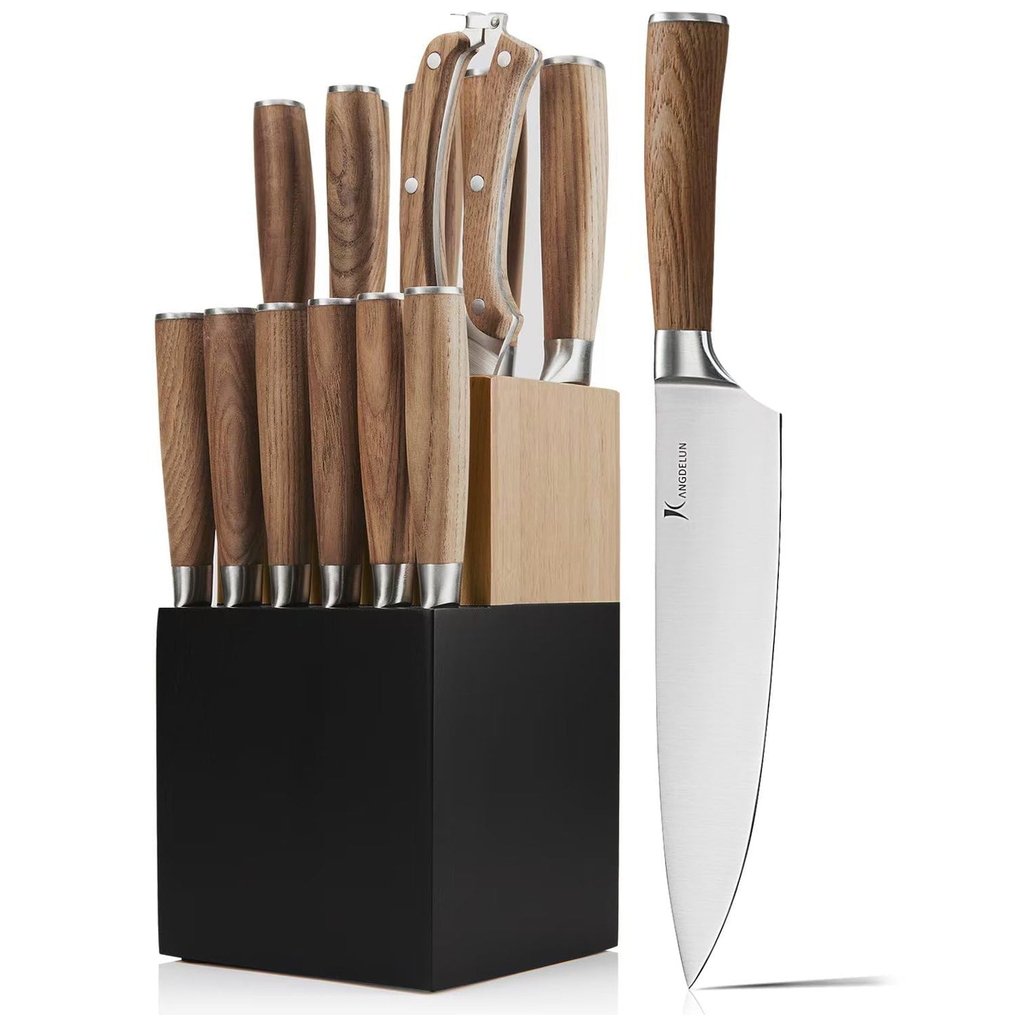 Kangdelun Ultra Sharp 14-Piece Kitchen Knife Set, High Carbon Stainless Steel Blades, Torrefied Brown Wood Handles, Ergonomic Design, Space-Saving Black-Finished Wood Block, Easy Hand Wash, Gift Box