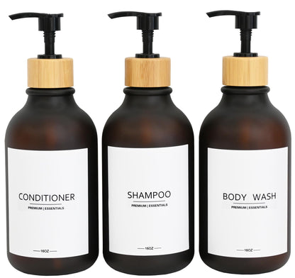 Frosted Plastic Shampoo and Conditioner Bottles, Apothecary Dispenser Bamboo Pump, Refillable Bottles for Shower Lotion, Oil, Hand Soap, Sanitizer, Liquid Soap, Set of 3 with 9 Labels (3, Matte Amber)
