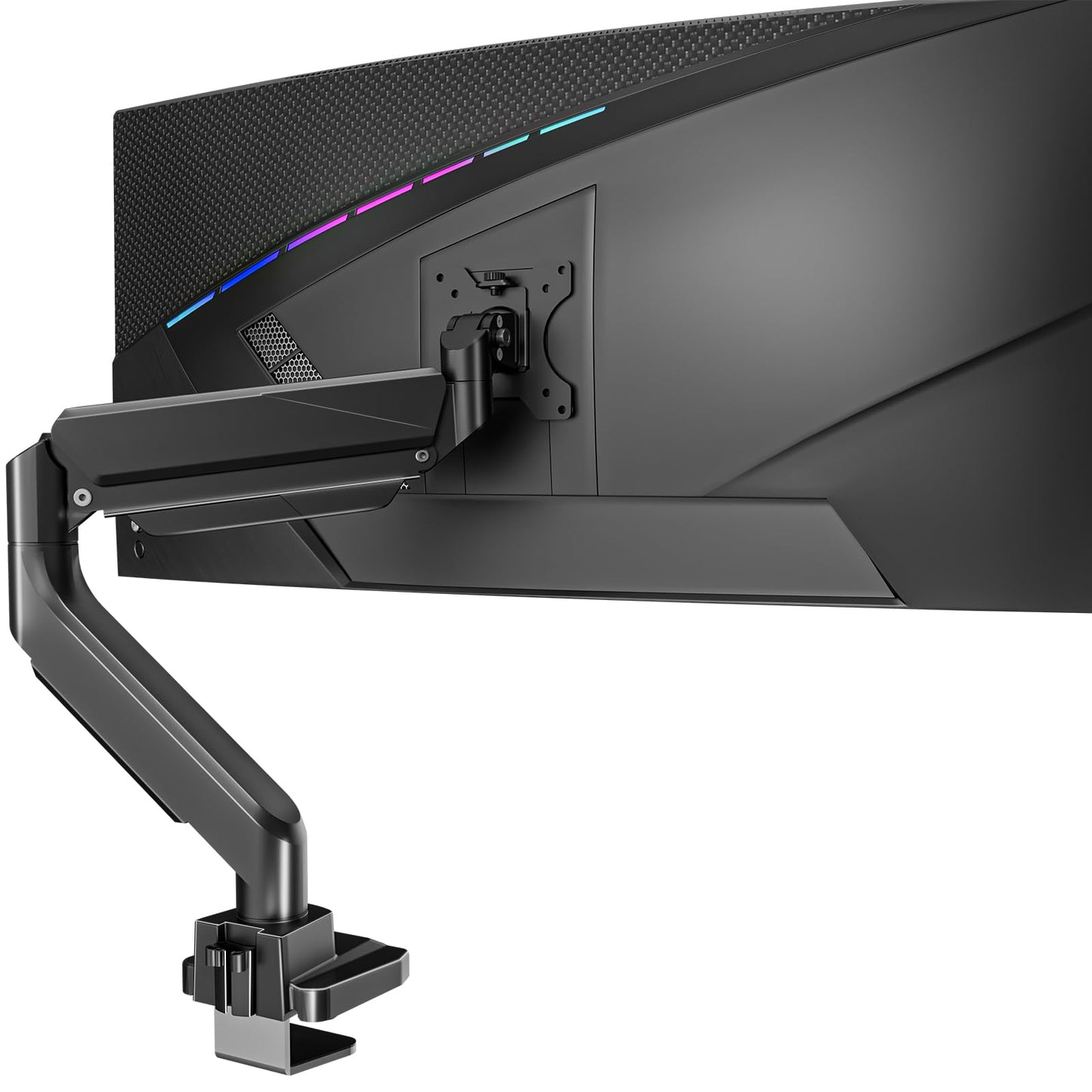 WALI Ultrawide Monitor Arm for 13 to 49 Inch Heavy Duty Curved Screens, Holds 33 Lbs, Adjustable Gas Spring Single Monitor Desk Mount with C-Clamp, Grommet Base, 75x75/100x100 VESA, (GSM001XL), Black