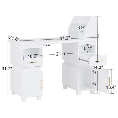 BarberPub Professional Nail Station Desk Manicure Table with Electric Dust Collector, Nail Makeup Desk with Shelves, Storage Beauty Salon Workstation with 4 Drawers Storage Cabinets VC258 (White)