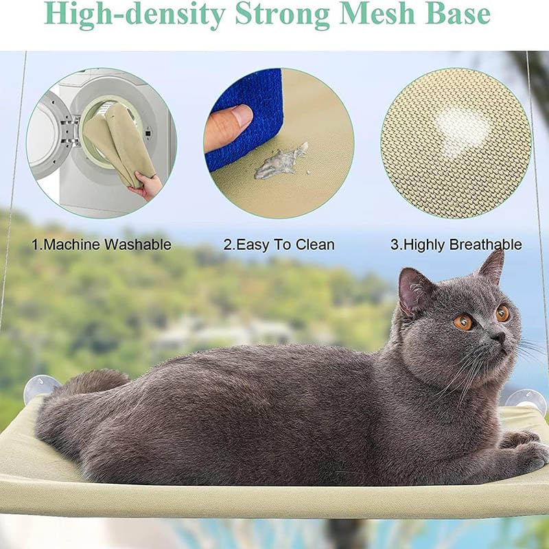 Cat Window Hammock Perch Cat Safety Sunny Bed with Durable Heavy Duty Suction Cups Resting Sunny Window Seat for Indoor Cats Sleeping Space Saving Window Mounted Cat Bed (Khaki)