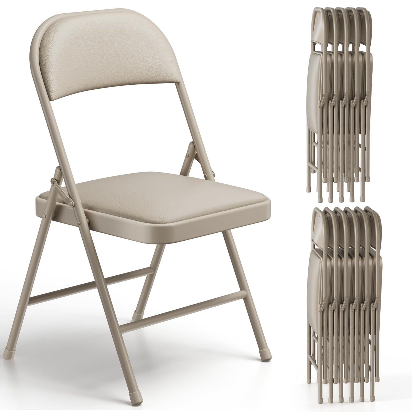 Folding Chairs 12 Pack, PU Leather Padded Folding Chairs for Outside and Indoor, Heavy Duty Portable Foldable Metal Commercial Seat for Home Office, Dorm, Party, Backyard, Lawn, Patio, Khaki